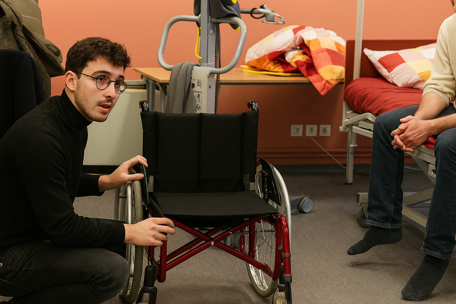 Un homme montre un fauteuil roulant dans une salle de formation.